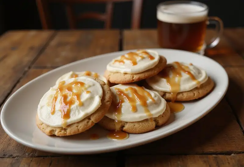Final presentation of Hogsmeade Pub-Style Butterbeer Cookies with rich white buttercream, an inviting dessert spread on a rustic rustic table.