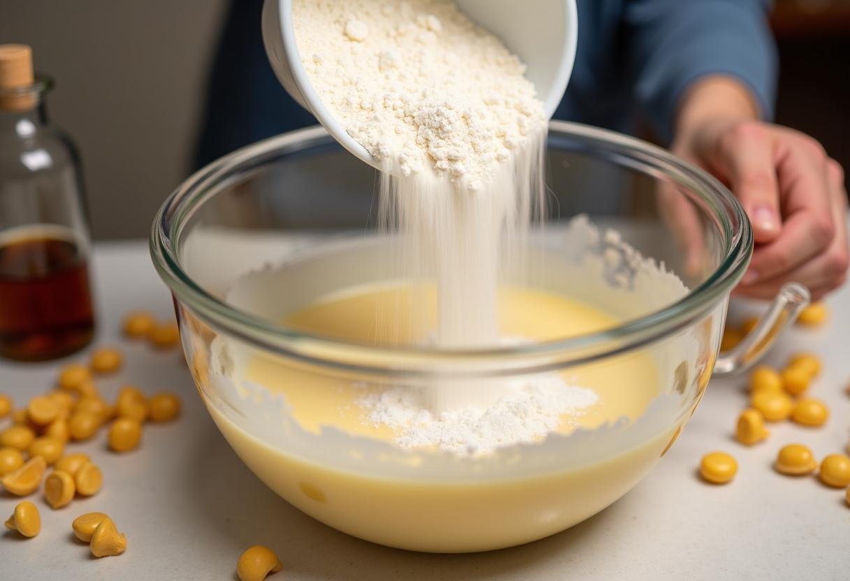 Sifting flour into the Hogsmeade Pub-Style Butterbeer Cookies mixture, showcasing the cookie-making process with festive ingredients.