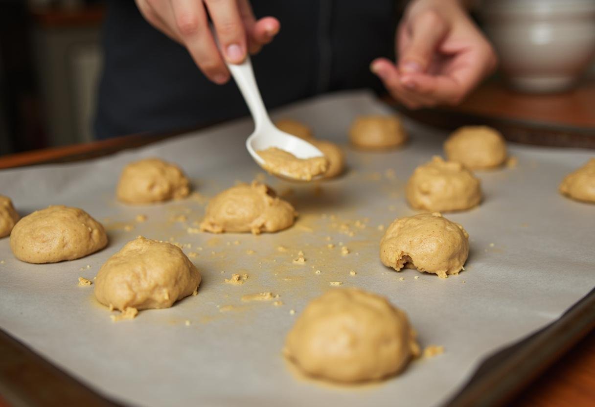 Scooping cookie dough for Hogsmeade Pub-Style Butterbeer Cookies, illustrating the fun and engaging baking process with dough balls on a tray.