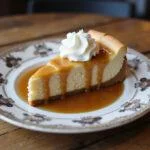 Delicious and visually appealing Hogwarts Houses Butterbeer Swirl Cheesecake slice with whipped cream and butterscotch drizzle, perfect for dessert lovers.