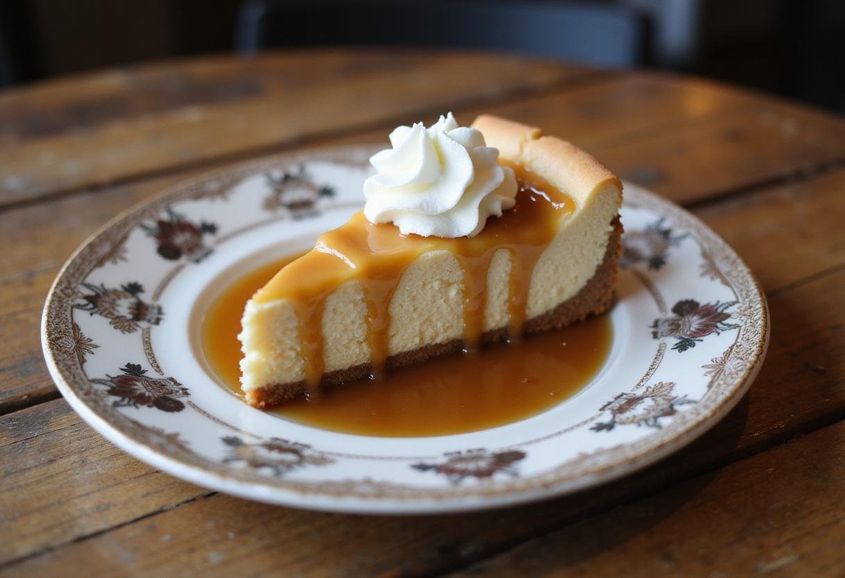 Delicious and visually appealing Hogwarts Houses Butterbeer Swirl Cheesecake slice with whipped cream and butterscotch drizzle, perfect for dessert lovers.
