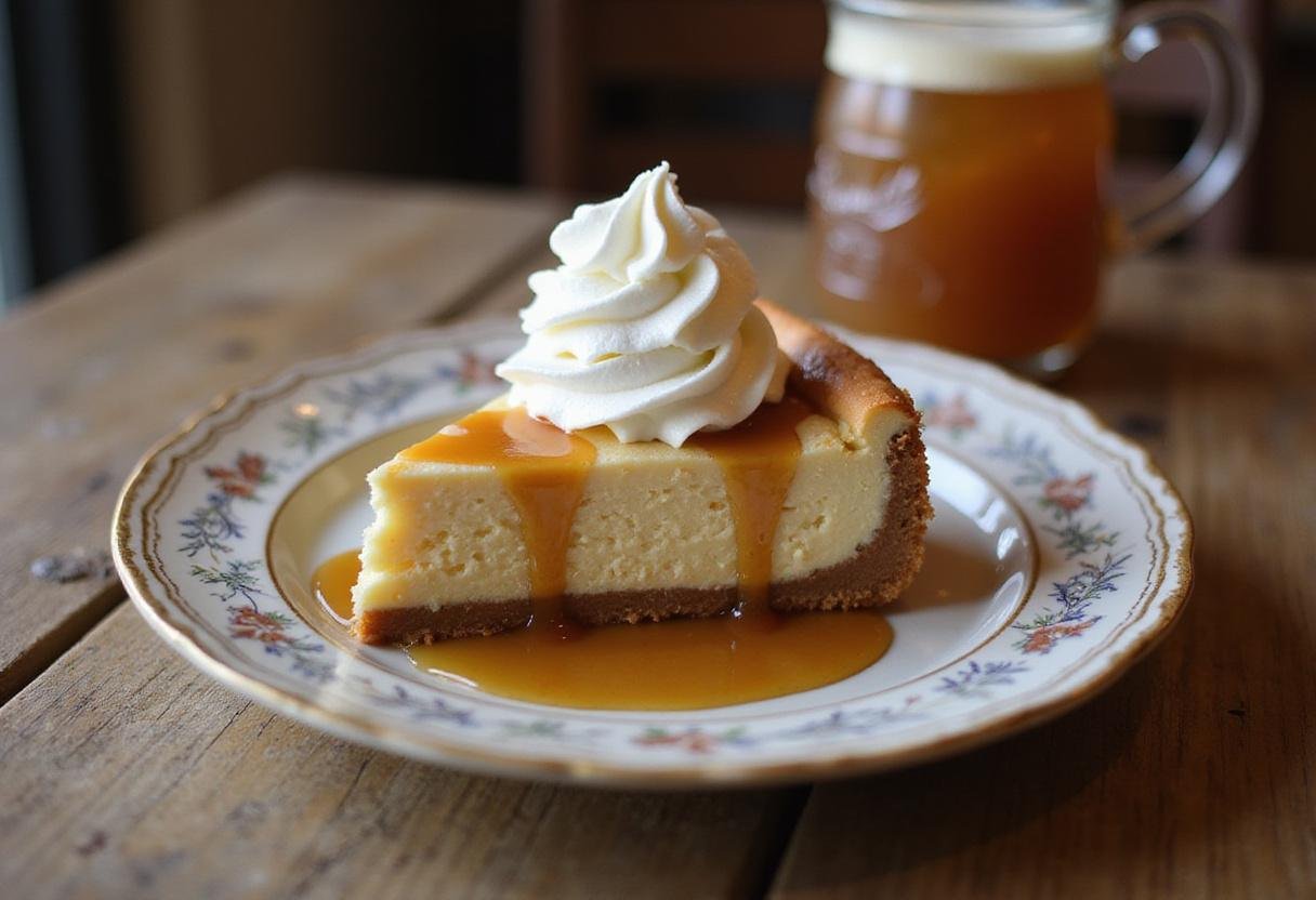 Delicious and visually appealing Hogwarts Houses Butterbeer Swirl Cheesecake slice with whipped cream and butterscotch drizzle, perfect for dessert lovers.