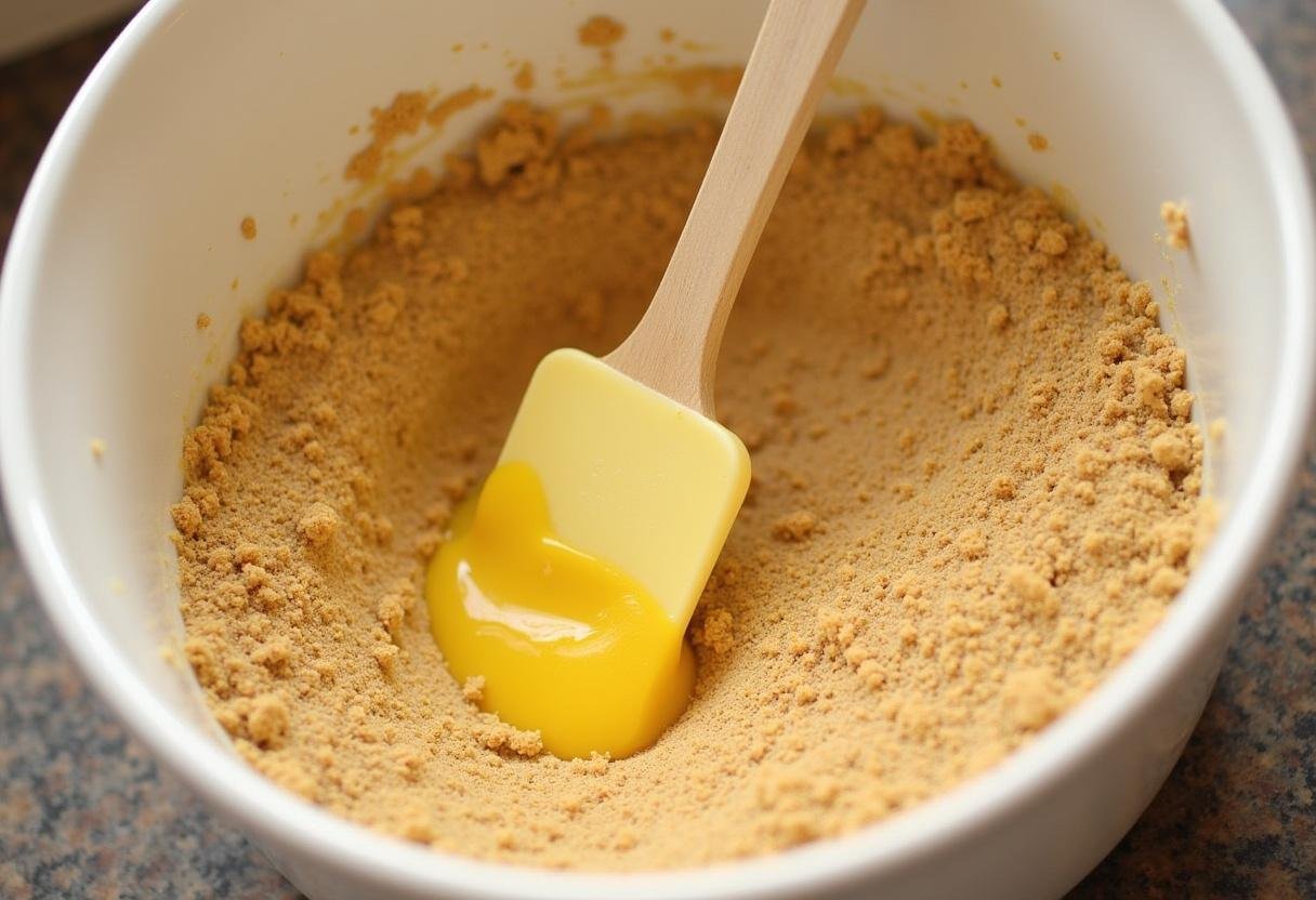 Graham cracker crust preparation for Hogwarts Houses Butterbeer Swirl Cheesecake using crushed graham crackers and melted butter.