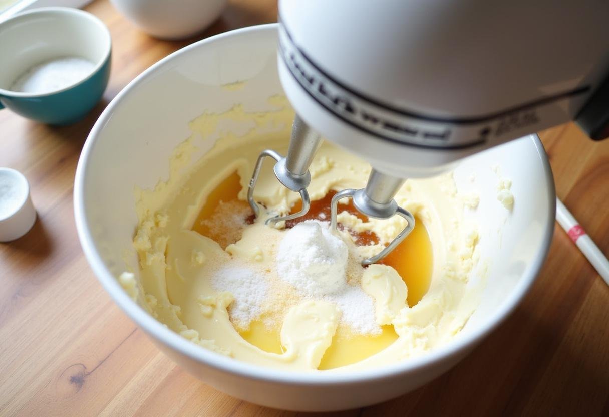 Cream cheese mixture being whipped for Hogwarts Houses Butterbeer Swirl Cheesecake, incorporating sugar and vanilla for a smooth texture.