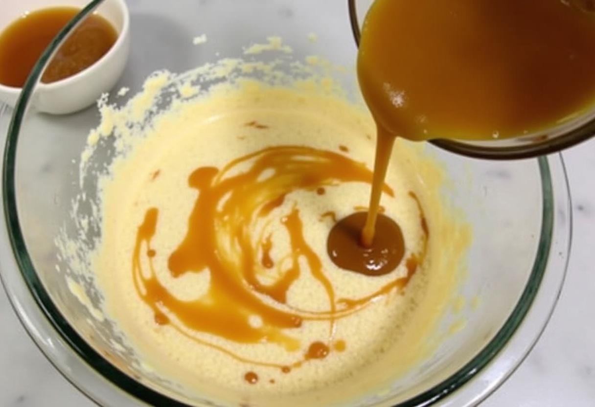 Adding butterscotch sauce to the cream cheese mixture for Hogwarts Houses Butterbeer Swirl Cheesecake, enhancing flavor and creating a beautiful swirl.