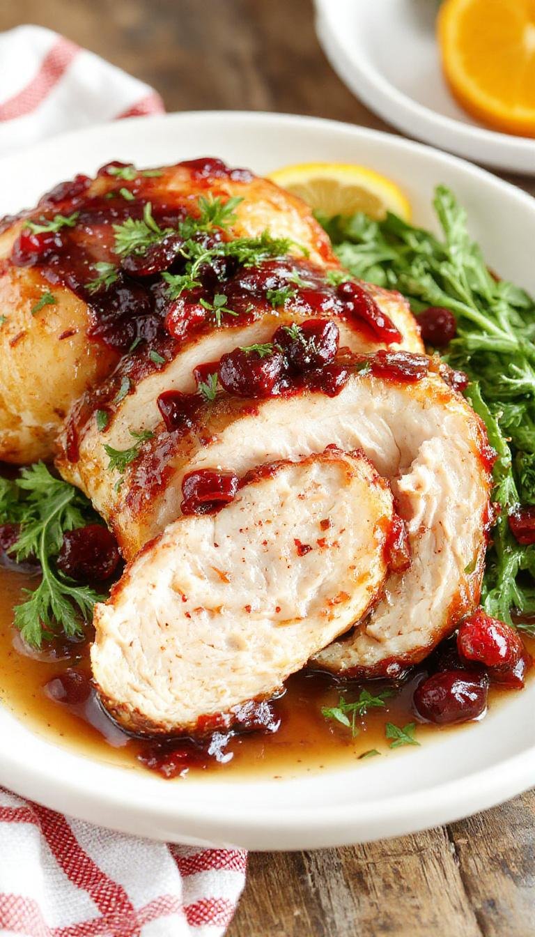 A perfectly cooked turkey breast glazed with a vibrant orange and cranberry sauce, garnished with fresh herbs. The meat has a golden-brown, crispy skin with a glossy, colorful glaze, served sliced on a platter with cranberries and orange slices for garnish.