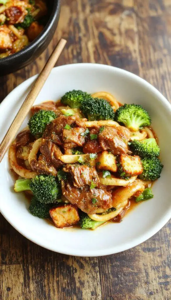 A close-up of a bowl of homemade beef and broccoli lo mein showcasing tender slices of beef, vibrant green broccoli florets, and glossy noodles garnished with sesame seeds and chopped green onions, presented in a rustic ceramic bowl on a wooden table.