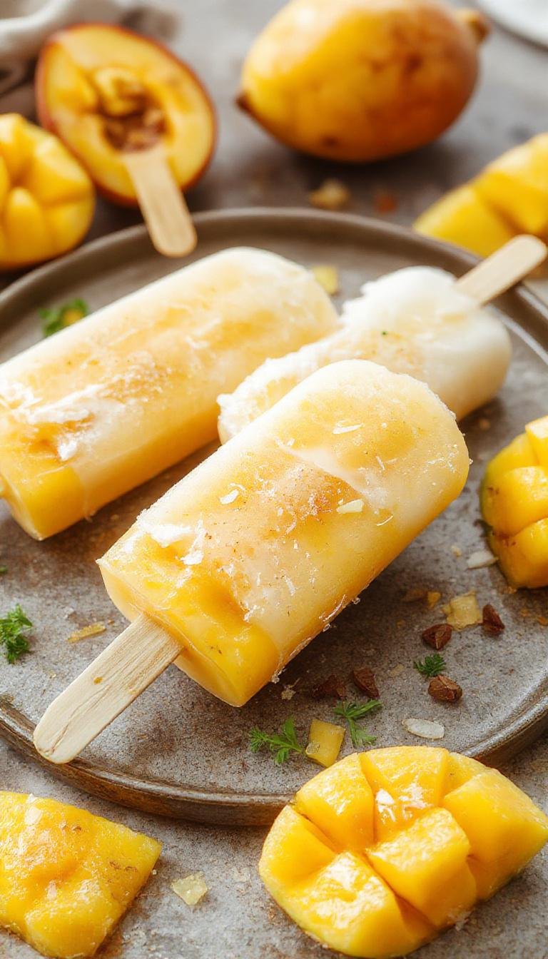 Colorful homemade coconut mango popsicles with vibrant orange and white hues, garnished with fresh mango slices and coconut flakes, set in a summer-themed background.