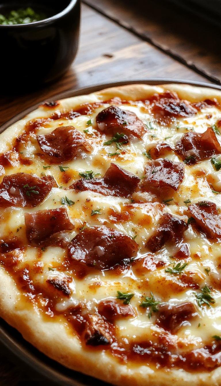 A delicious homemade prosciutto pizza topped with fresh basil and melted cheese on a wooden pizza peel.