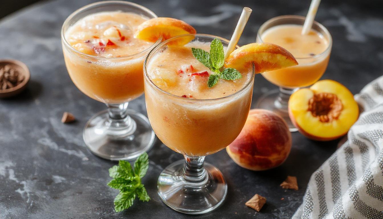 A clear glass filled with vibrant orange-peach colored slurpee topped with a slice of fresh peach and a sprig of mint, condensation on the glass, set on a summer-themed background with scattered peach slices and ice cubes.