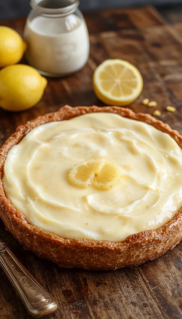 A slice of honey lemon chiffon pie on a elegant white plate, showcasing a fluffy, golden-yellow filling with a light, airy texture. The crust is crispy and golden brown, with a drizzle of honey and a twist of lemon zest on top garnished with fresh lemon slices and mint leaves. The background features a rustic wooden table and a cheerful summer setting.