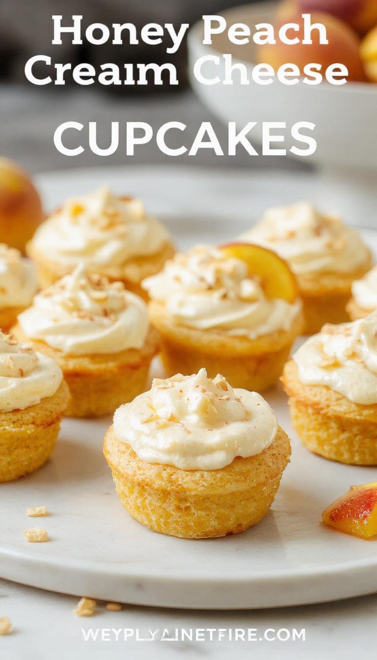 Delicious Honey Peach Cream Cheese Cupcakes arranged on a white plate, topped with fresh peach slices and a drizzle of honey, garnished with mint leaves.