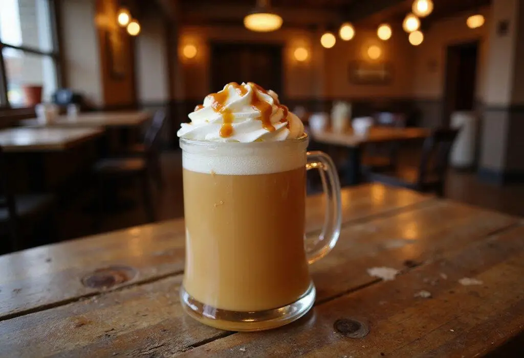 Enjoying a deliciously presented Honeydukes Sweet Butterbeer Elixir topped with whipped cream and caramel.