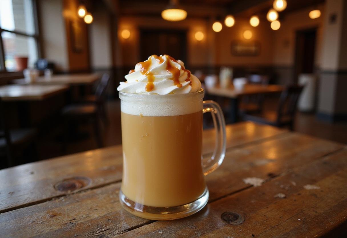 Enjoying a deliciously presented Honeydukes Sweet Butterbeer Elixir topped with whipped cream and caramel.