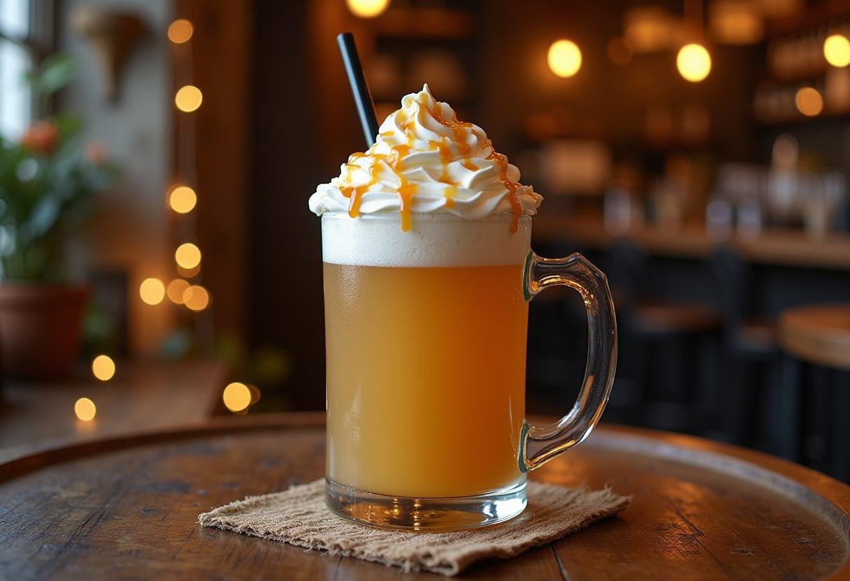 Enjoying a deliciously presented Honeydukes Sweet Butterbeer Elixir topped with whipped cream and caramel.