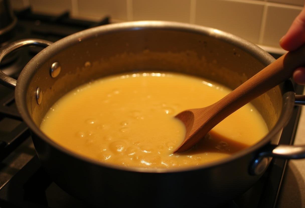 Creating a rich butterscotch mixture for Honeydukes Sweet Butterbeer Elixir in a cozy kitchen.