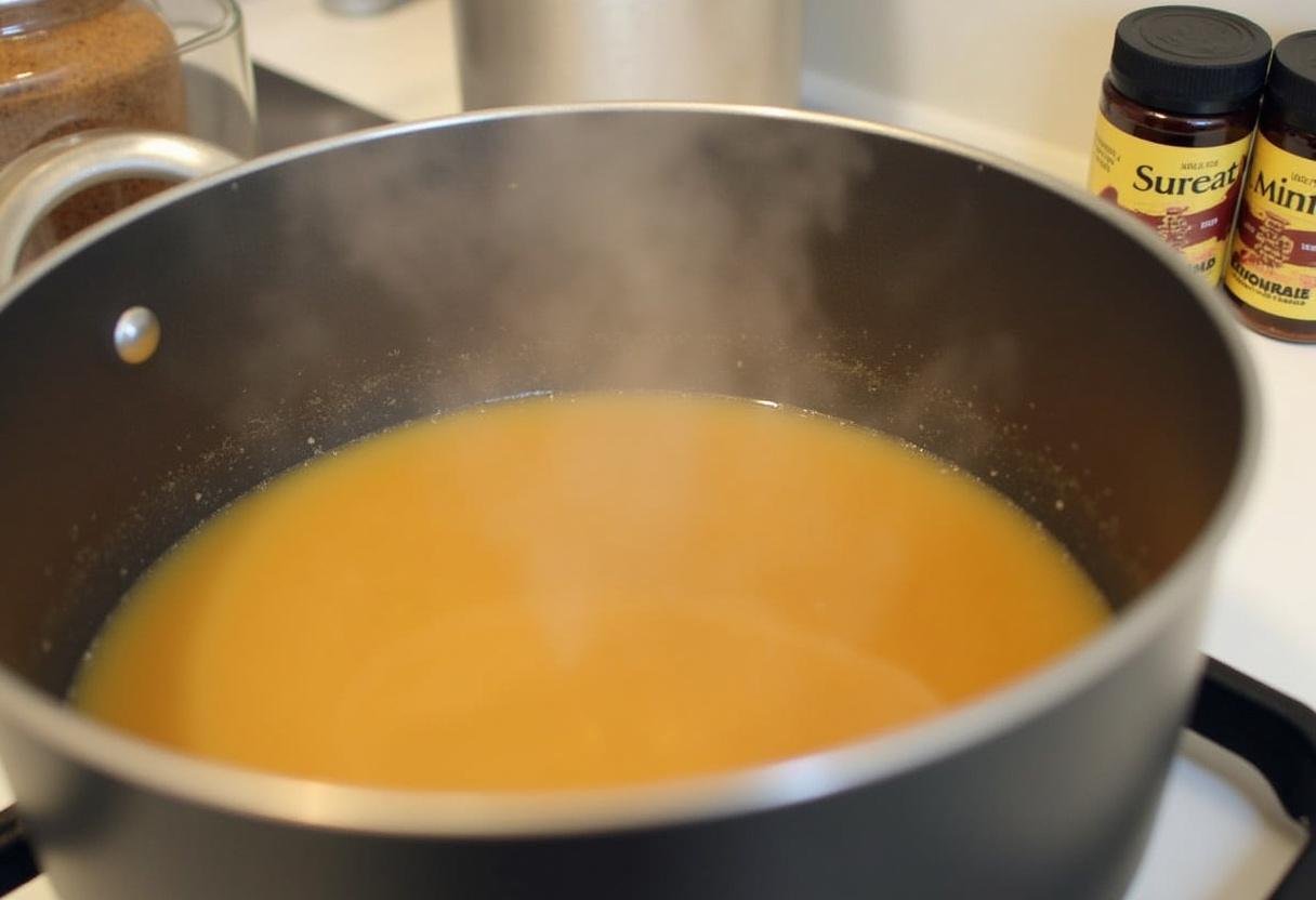 Removing the rich butterscotch mixture from the heat for a delightful Honeydukes Sweet Butterbeer Elixir.