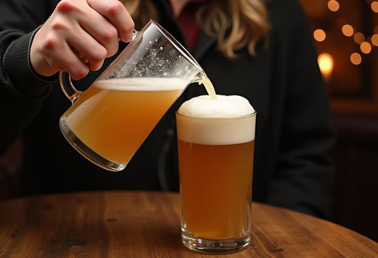 Pouring frothy Honeydukes Sweet Butterbeer Elixir into a tall glass for a magical experience.