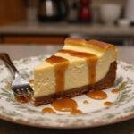 Final presentation of a slice of Hufflepuff Butterbeer Cheesecake with Maple Caramel Drizzle, showcasing the delicious dessert.