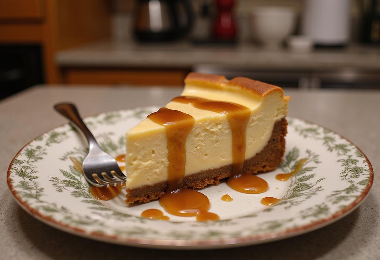 Final presentation of a slice of Hufflepuff Butterbeer Cheesecake with Maple Caramel Drizzle, showcasing the delicious dessert.