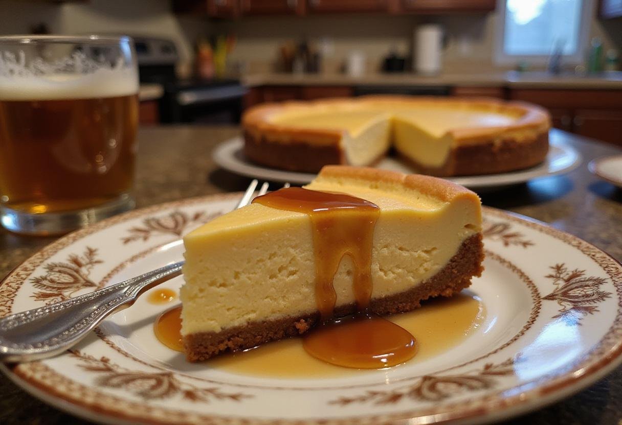 Final presentation of a slice of Hufflepuff Butterbeer Cheesecake with Maple Caramel Drizzle, showcasing the delicious dessert.