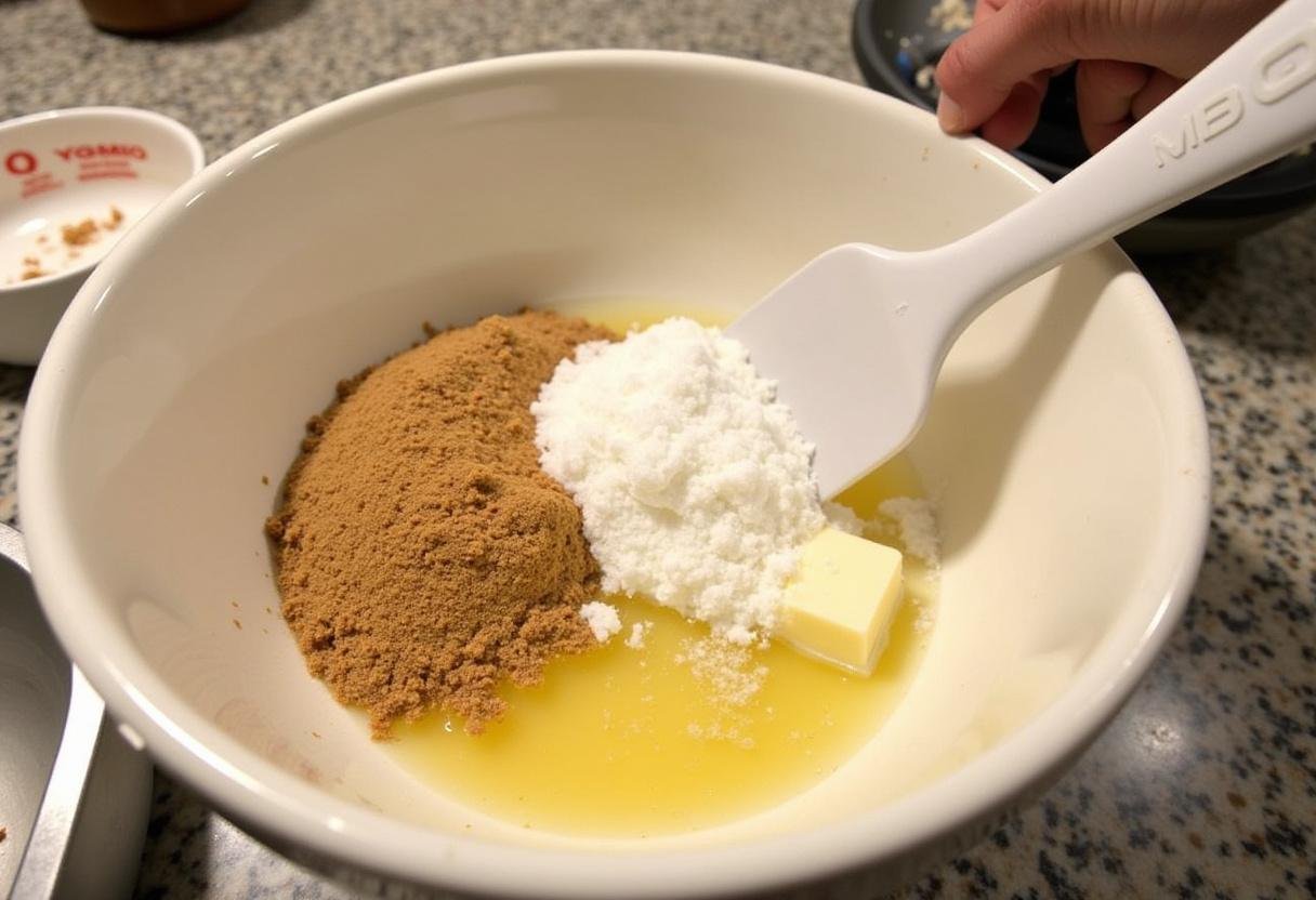 Preparing the crust for Hufflepuff Butterbeer Cheesecake with Maple Caramel Drizzle using crushed graham crackers and butter.