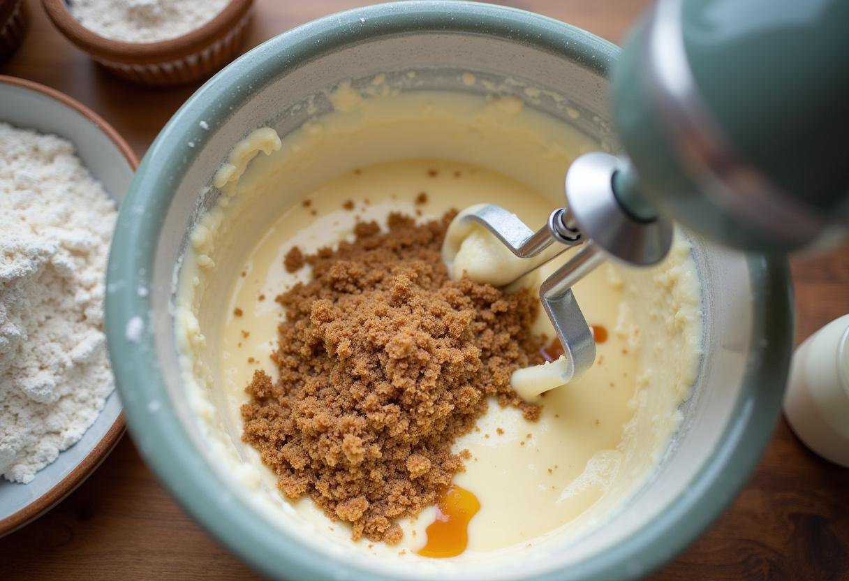 Mixing the creamy filling for Hufflepuff Butterbeer Cheesecake while incorporating flavors for a delicious dessert.