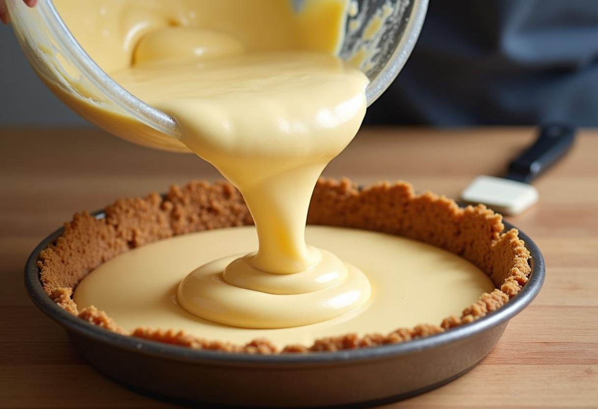 Pouring the rich filling into the crust of Hufflepuff Butterbeer Cheesecake, ready for baking.