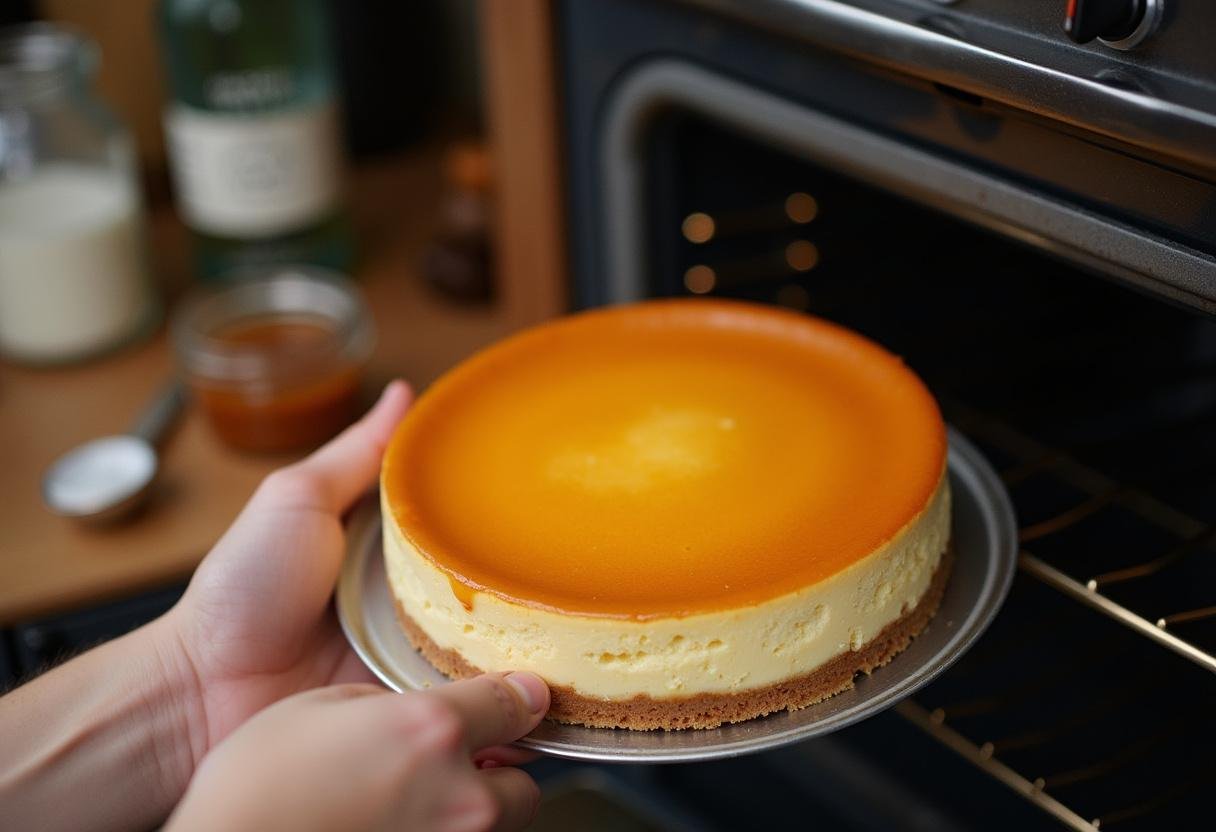 Baking the Hufflepuff Butterbeer Cheesecake, showcasing the delicious golden outcome before drizzling with caramel.