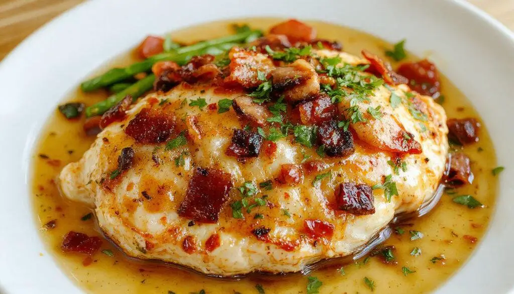A close-up of a plated chicken dish featuring tender chicken breasts glazed with a light Riesling sauce, topped with crispy bacon bits and sautéed mushrooms. The dish is garnished with fresh herbs and served on a white elegant plate, with a glossy sauce surrounding the ingredients and a sprinkle of herbs for color contrast.