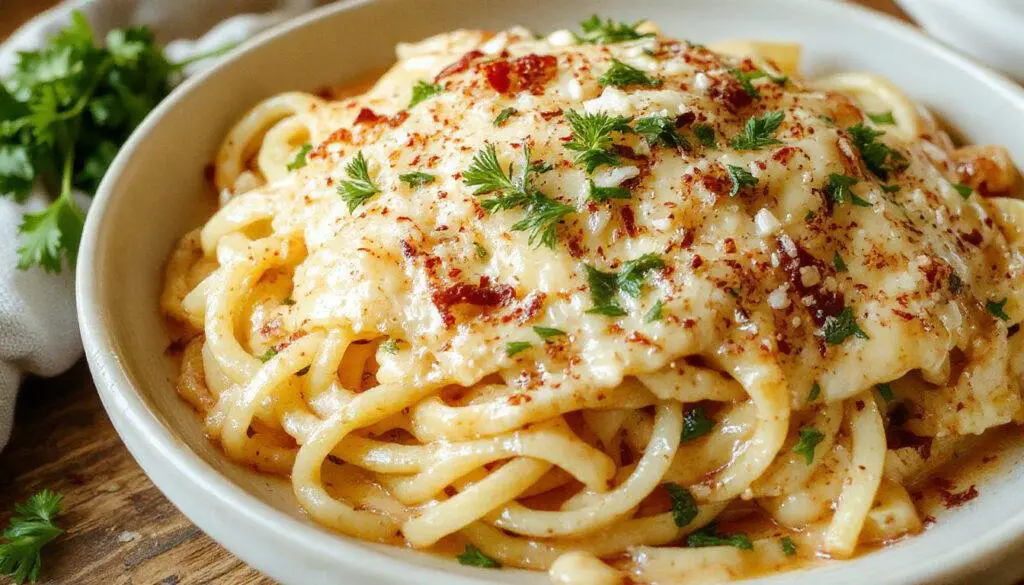 A close-up of a white plate filled with creamy garlic parmesan spaghetti, topped with freshly grated parmesan, chopped parsley, and a lemon wedge. The pasta is coated in a smooth, velvety sauce with visible flecks of garlic, and the dish is accented with a sprinkle of herbs, showcasing a rich, indulgent appearance.