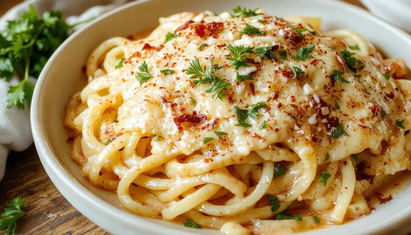 A close-up of a white plate filled with creamy garlic parmesan spaghetti, topped with freshly grated parmesan, chopped parsley, and a lemon wedge. The pasta is coated in a smooth, velvety sauce with visible flecks of garlic, and the dish is accented with a sprinkle of herbs, showcasing a rich, indulgent appearance.