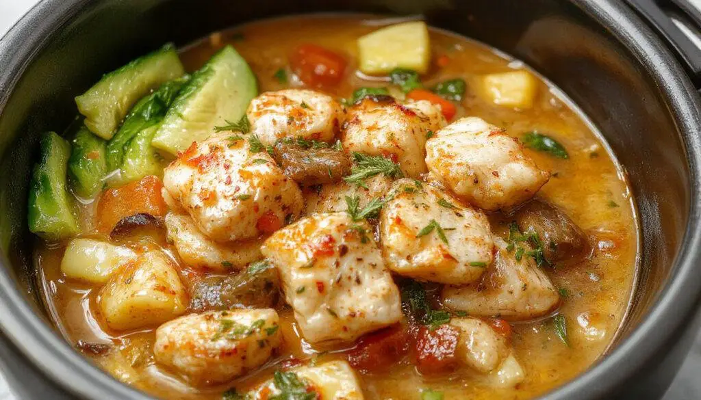 A hearty homestyle chicken and vegetable dish served in a rustic white bowl. The dish features tender chunks of chicken, vibrant carrots, green beans, and potatoes in a savory sauce, with steam gently rising. The background shows a cozy table setting with additional fresh vegetables and rustic cutlery, conveying warmth and comfort.