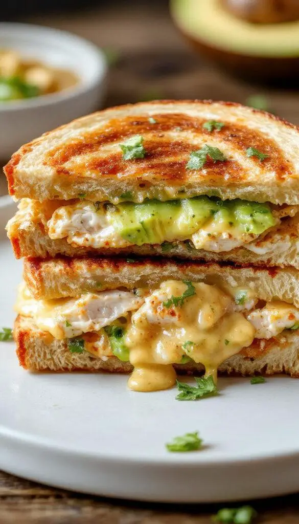 A close-up of a crispy chicken avocado melt sandwich showing melted cheese, tender chicken slices, ripe avocado, and toasted bread garnished with fresh herbs.