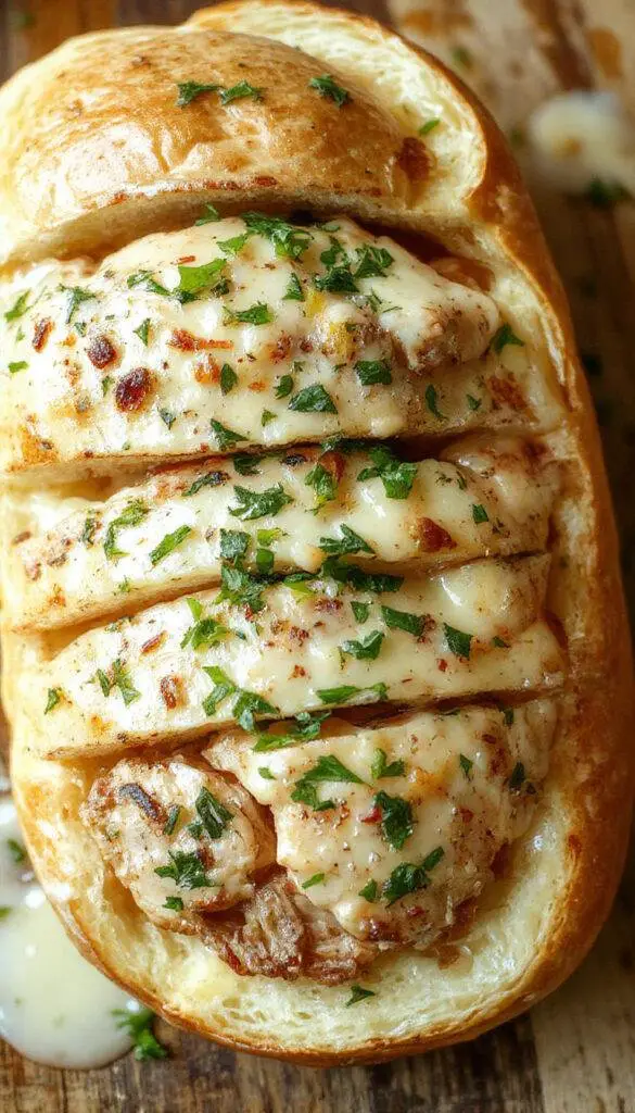 A golden-brown stuffed bread sliced open to reveal a savory filling of melted cheese, seasoned chicken and beef, and ranch dressing. The bread has a crispy crust, and the filling oozes slightly from the cut, garnished with fresh herbs and served on a rustic wooden board.