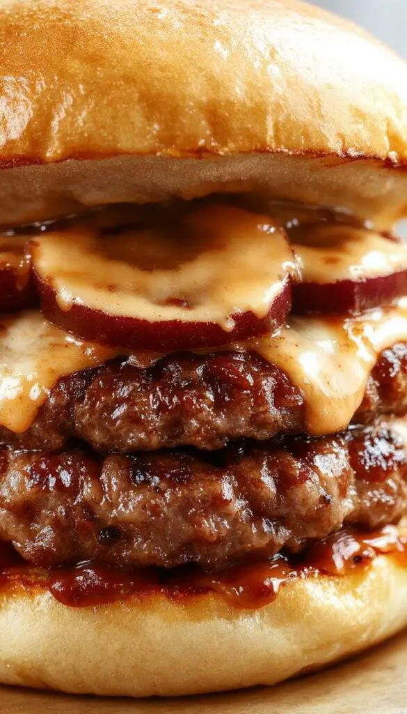 A close-up of a juicy, perfectly cooked burger with melted cheese, crispy bacon, fresh lettuce, tomato slices, and pickles on a toasted bun, garnished with a side of crispy fries and a dipping sauce, all presented on a rustic wooden board.