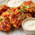 A plate of crispy Crack Chicken Tenders glazed with a savory, spicy sauce, garnished with fresh herbs and served alongside crunchy sides.