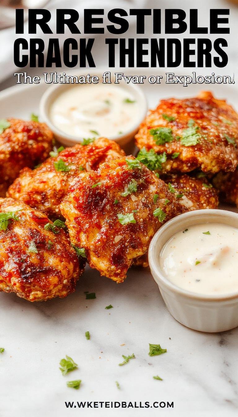 A plate of crispy Crack Chicken Tenders glazed with a savory, spicy sauce, garnished with fresh herbs and served alongside crunchy sides.