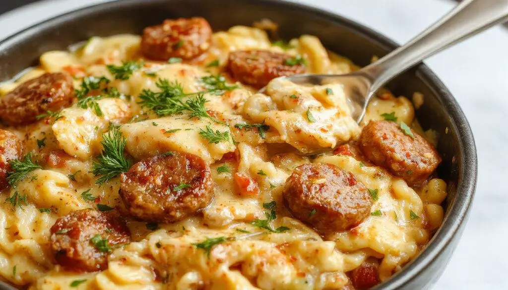 A vibrant skillet meal featuring creamy chicken sausage and tender orzo pasta, garnished with freshly chopped herbs and a sprinkle of grated cheese, all presented in a rustic cast iron skillet with a colorful backdrop.
