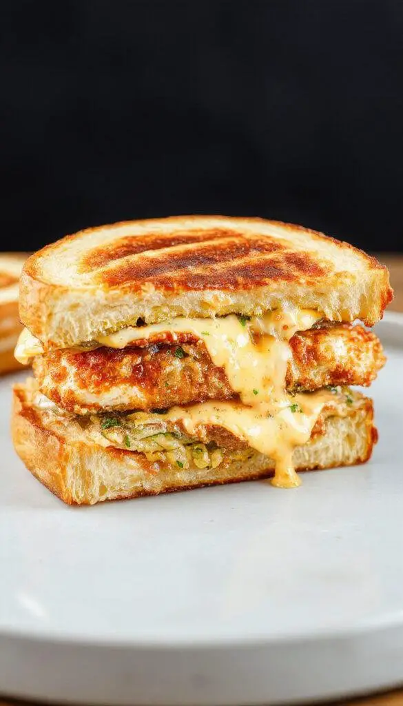 A close-up of a crispy beef ranch chicken melt sandwich showing melted cheese, crispy breading, and fresh toppings, served on a toasted bun.