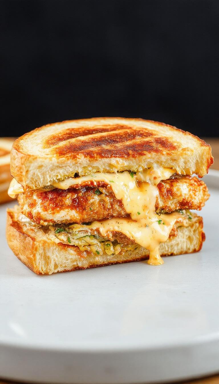 A close-up of a crispy beef ranch chicken melt sandwich showing melted cheese, crispy breading, and fresh toppings, served on a toasted bun.