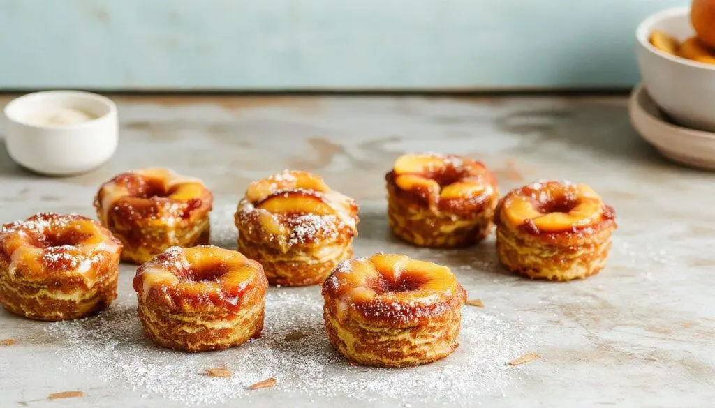 A close-up of miniature peach upside-down cakes arranged on a rustic wooden platter. The cakes have a golden-brown crust with caramelized peach slices on top, glistening with syrup and a hint of cinnamon. The peaches are vibrant orange and red, contrasting beautifully with the caramel and cake. The presentation is inviting, showcasing the moist texture of the cakes and the glossy fruit topping, garnished with a sprig of fresh mint.