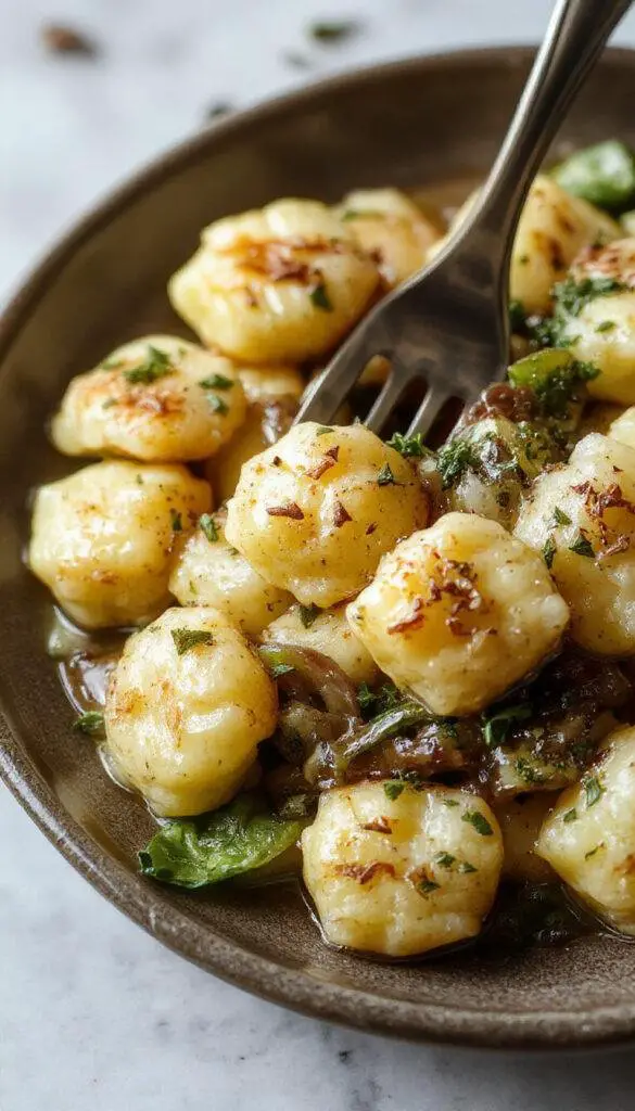 A close-up of golden-brown gnocchi topped with melted cheese and caramelized onions, garnished with fresh herbs, arranged on a rustic plate with a rich, creamy sauce visible around the edges.