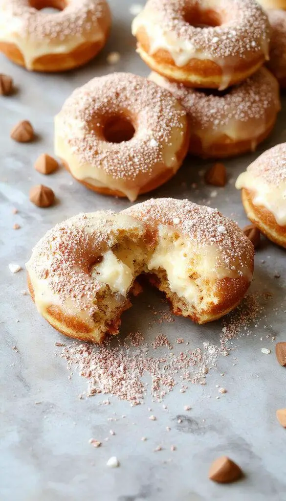 Golden-brown Italian doughnuts filled with creamy custard, dusted lightly with powdered sugar, arranged on a white plate with a rustic background, showcasing their soft, airy texture and luscious filling.