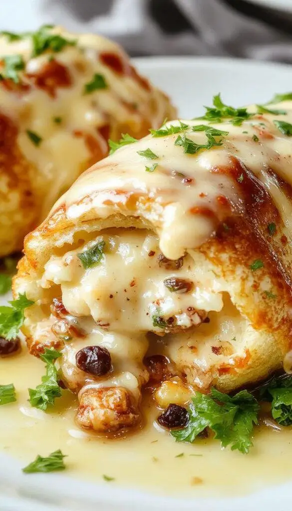 Golden-brown cannoli-shaped pastries filled with creamy white filling visible from the open ends, garnished with a light dusting of powdered sugar and a sprig of fresh mint on a elegant white plate.