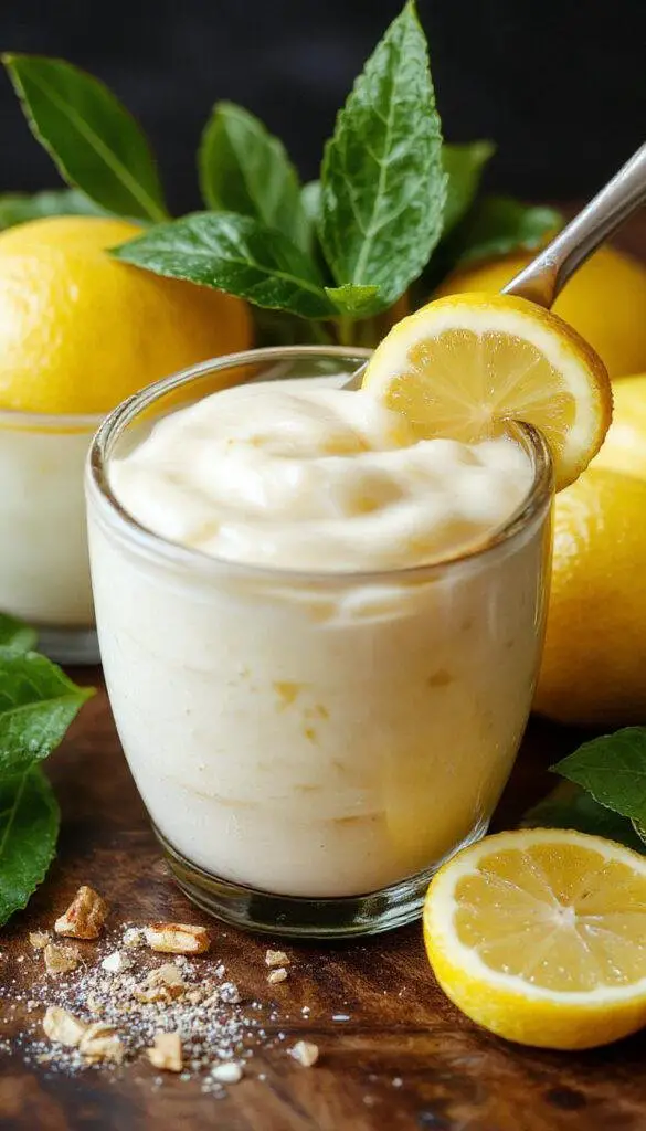 A jar of vibrant yellow Italian Lemon Spread surrounded by fresh lemon slices and sprigs of mint, on a rustic wooden table.