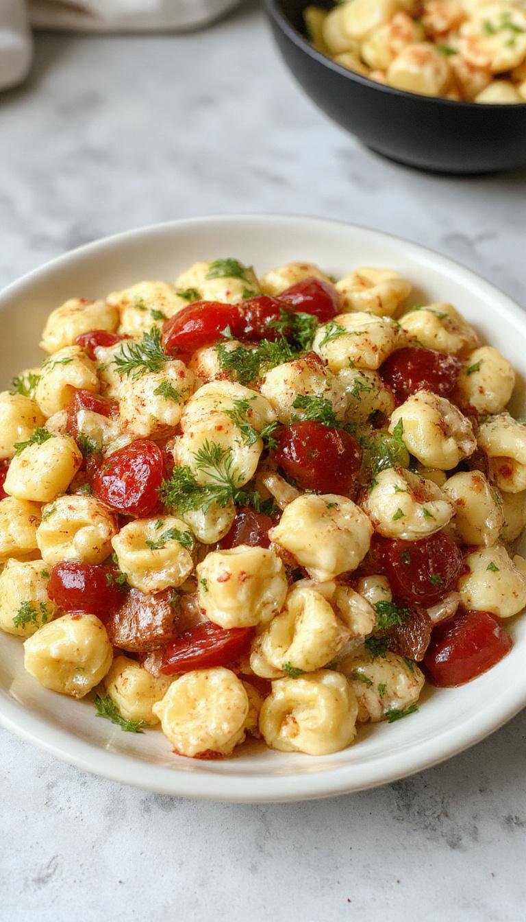 A vibrant bowl of Italian tortellini pasta salad featuring colorful tortellini, cherry tomatoes, fresh basil leaves, black olives, and crumbled cheese all tossed in a light vinaigrette, served on a rustic wooden table.