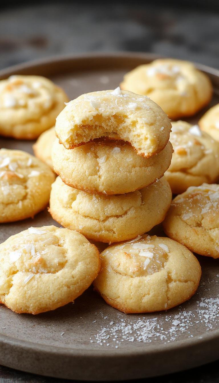 A close-up of a stack of golden-brown lemon coconut cheesecake cookies on a rustic wooden plate, garnished with shredded coconut and lemon zest, with a light drizzle of lemon glaze on top, showcasing their chewy texture and bright citrus appeal.