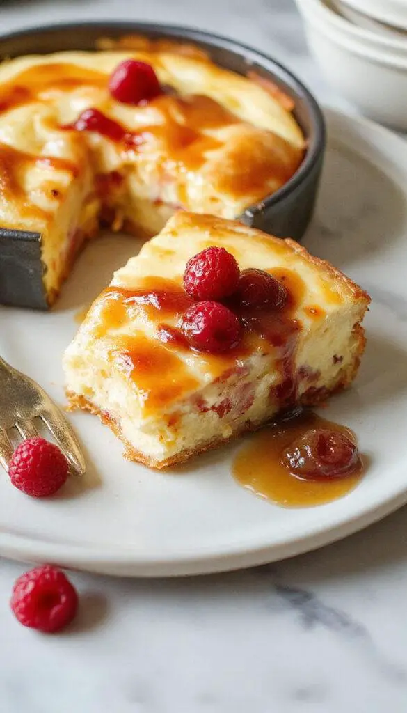 A golden-brown Basque cheesecake with a slightly caramelized crust, sliced to reveal its creamy, slightly jiggly interior, presented on a rustic wooden surface with a small plate and a silver fork nearby.