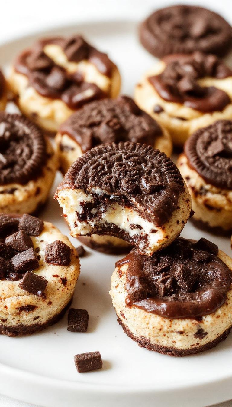 Close-up of golden-brown Oreo cheesecake cookie cups filled with smooth, creamy cheesecake filling topped with crushed Oreo pieces. The cookie cups are neatly arranged on a rustic wooden surface, with a few Oreos scattered around, highlighting their layered texture and inviting appearance.